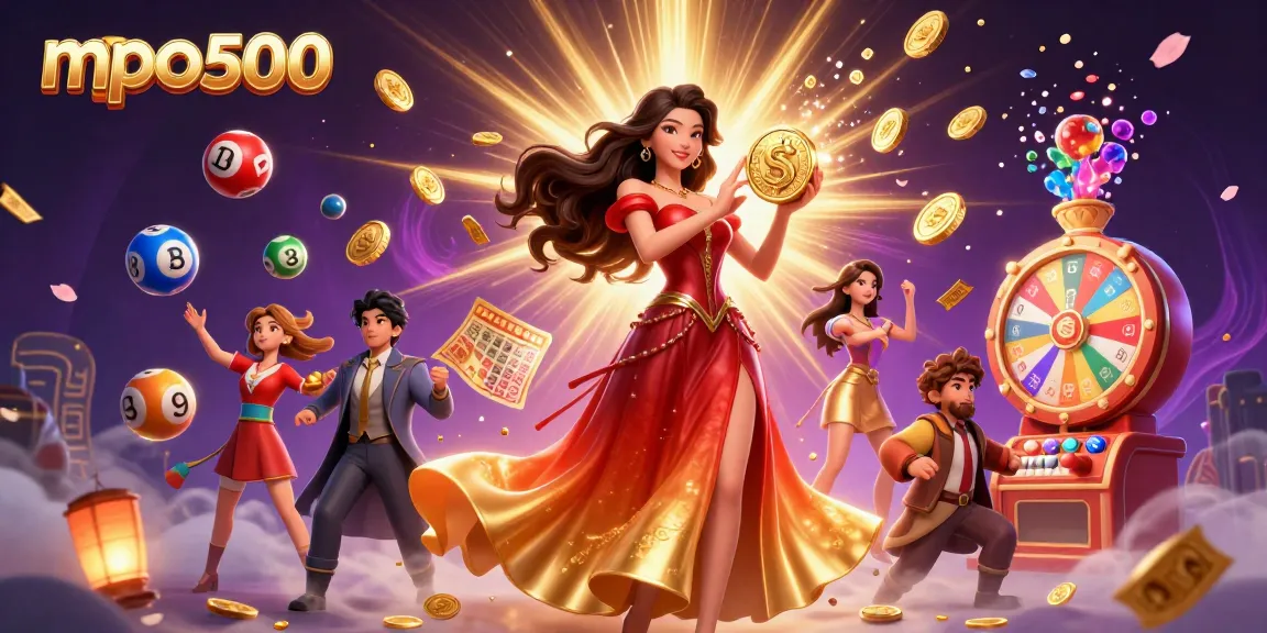 Experience the thrill of mpo500 with a stunning illustration showcasing a powerful Asian woman holding a golden coin amidst a vibrant casino scene.