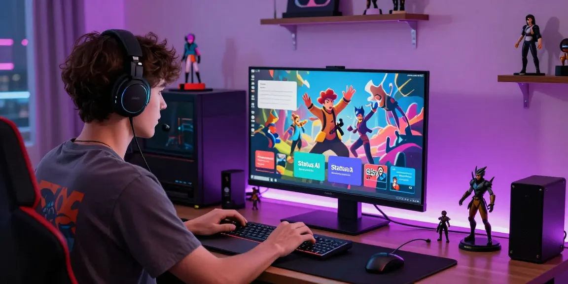 Engaging gaming scene with Status AI showcasing colorful avatars and character interactions on a laptop.