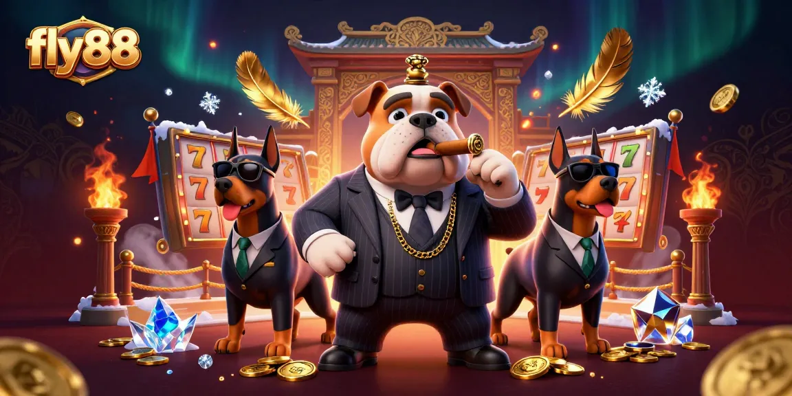 Experience the excitement of fly88 with a vibrant 3D casino scene featuring a bulldog mafia boss, slot reels, and rich golden details.