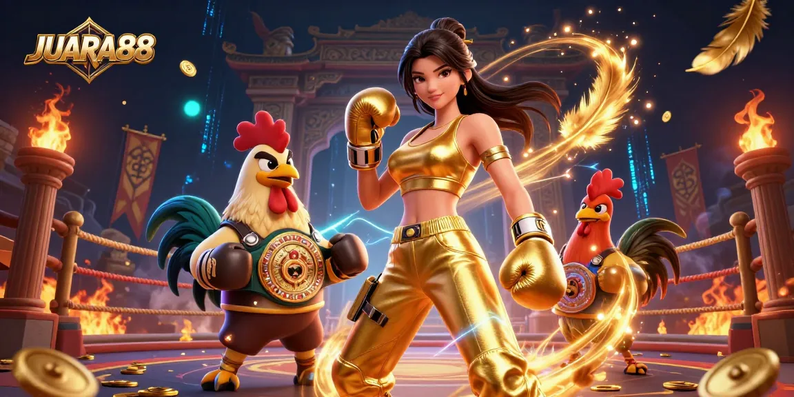 Experience the excitement of JUARA88 in a vibrant boxing-themed illustration featuring dynamic characters and an energetic casino backdrop.