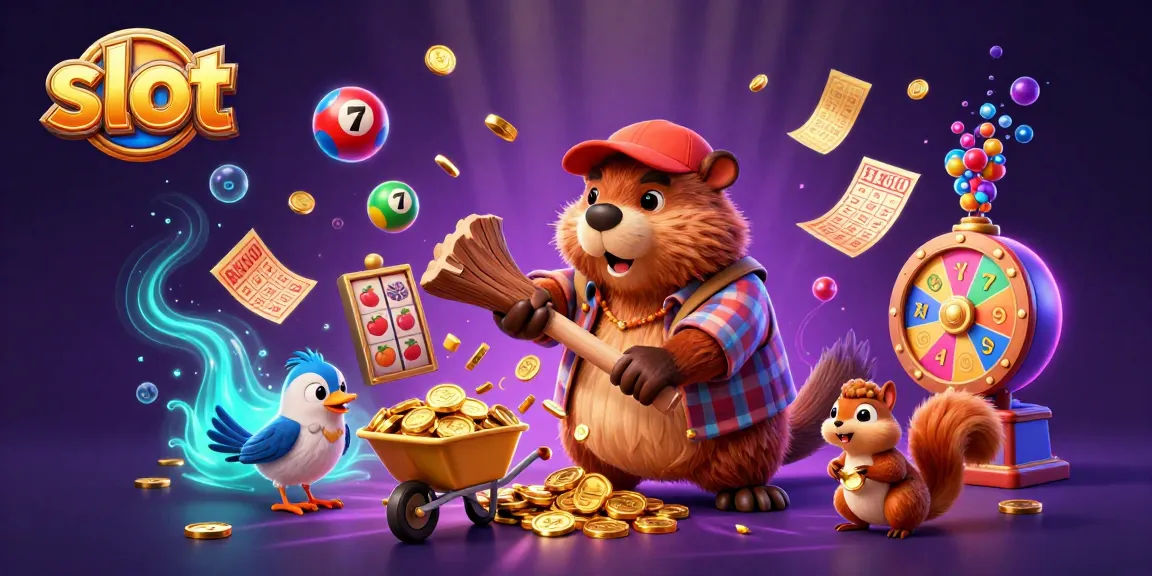 Spin the slot reels with the lumberjack beaver collecting golden coins in a vibrant casino scene.