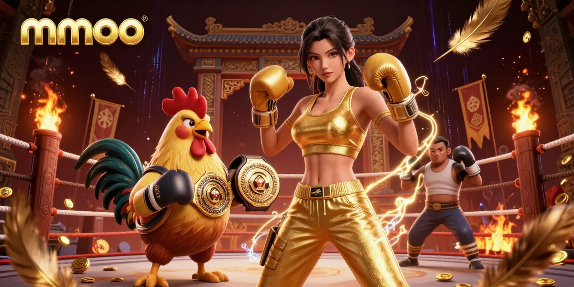 Engage in thrilling mmoo casino action, featuring a fighting scene with a champion rooster and a powerful boxer.