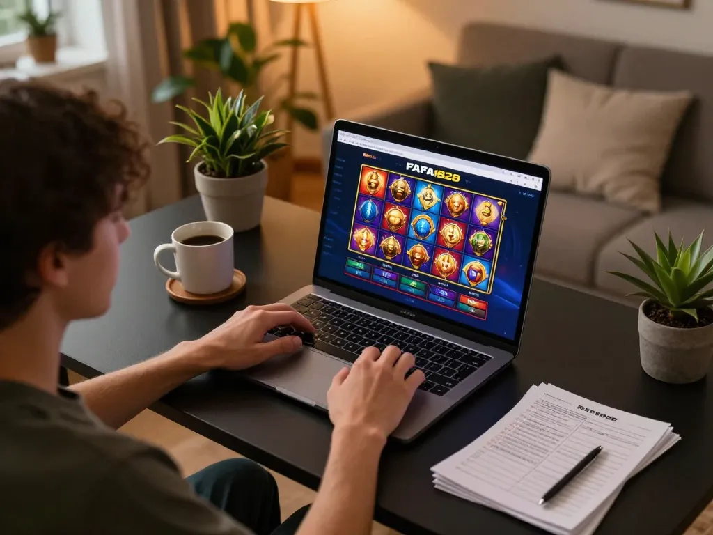 Player engaging with FAFA828's demo mode on a laptop, showcasing immersive online gaming experience
