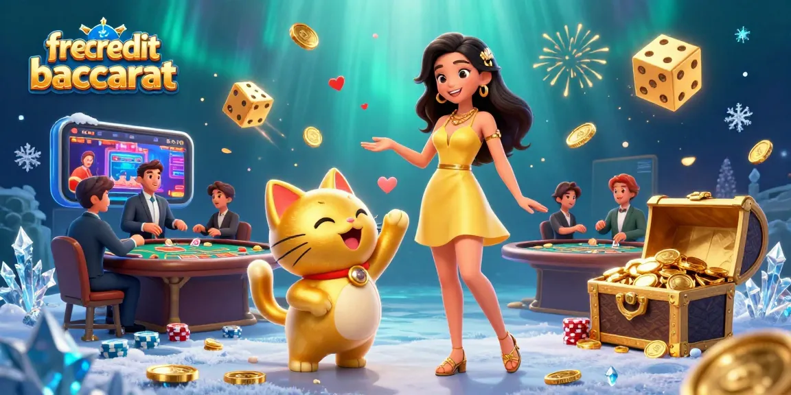 Win big with free credit baccarat while interacting with a golden lucky cat at an online casino.