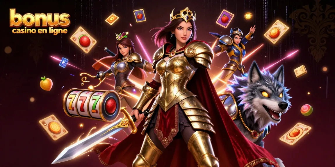 Illustration engageante mettant en scène une reine guerrière et un loup au milieu d'éléments de casino vibrants, présentant le bonus casino en ligne.