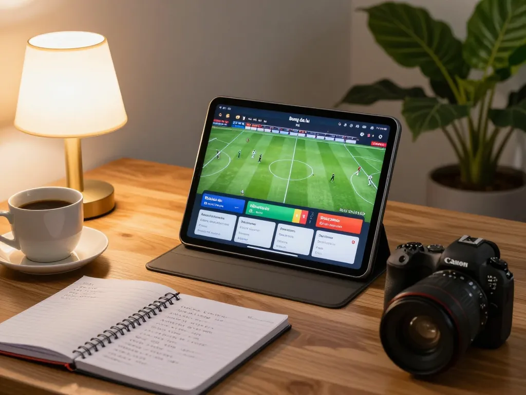 bong da lu displaying live football scores on a tablet in a cozy home setting