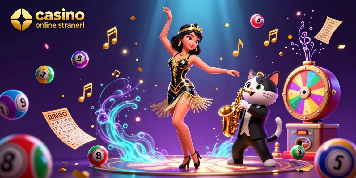 Vivi l'eccitazione nei casino online stranieri con un'illustrazione vivace di elementi e personaggi di gioco divertenti.