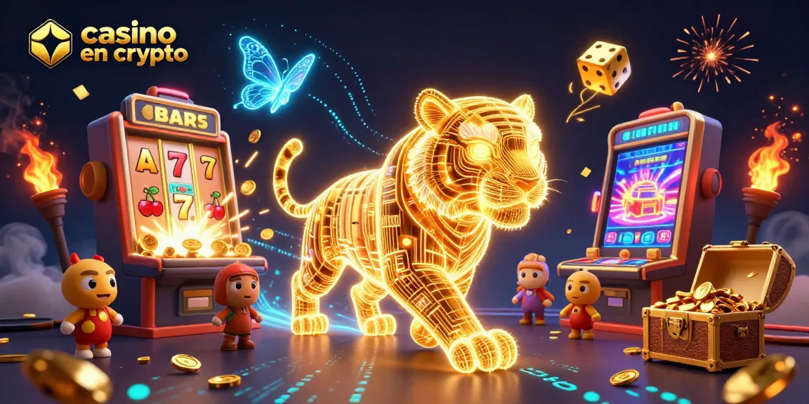 Profitez d'une illustration vibrante pour un casino en crypto avec un tigre doré et des jeux lumineux.