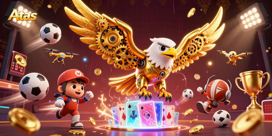 Atas Casino sports betting scene with 3D characters diving through playing cards, dynamic sports elements, and trophy.