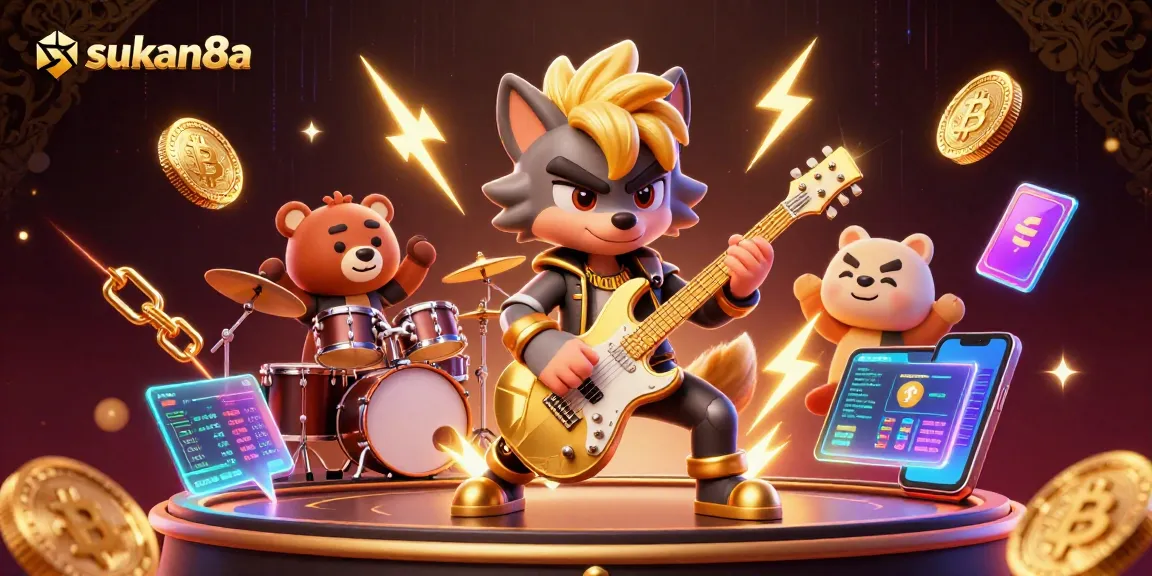 Sukan8a ignites the casino scene with vibrant wolf rock star and bear drummer amid crypto symbols.