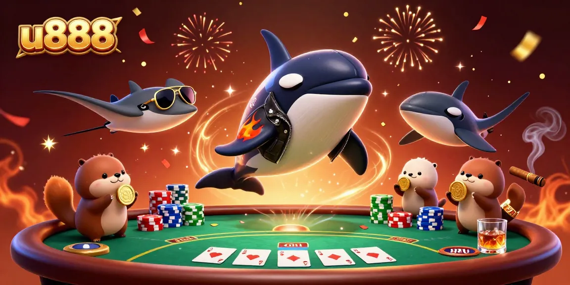 u888 illustrates a lively casino scene with a jumping orca, colorful poker elements, and joyous sea otters.