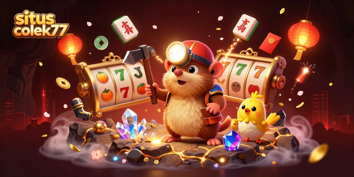 Experience thrilling slots at situs colek77 with a fantasy treasure hunt featuring a miner mole and luck elements.