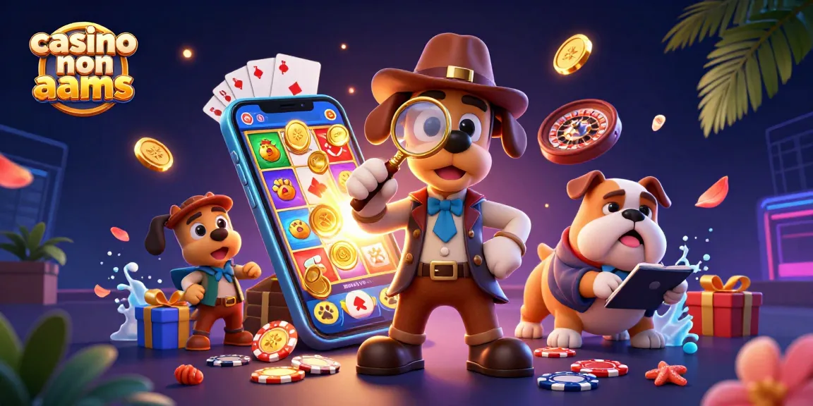 Giocatori esaminano un chip da poker d'oro in un casino non AAMS, circondati da elementi da gioco vibranti.