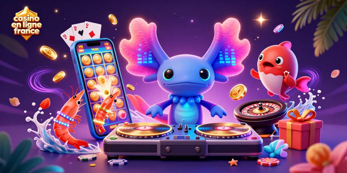 Jouez sur casino en ligne France avec une illustration dynamique d'un DJ axolotl et des jeux de hasard.