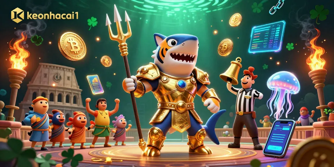 Engage with keonhacai1's thrilling underwater casino scene featuring a golden shark gladiator amidst crypto coins.