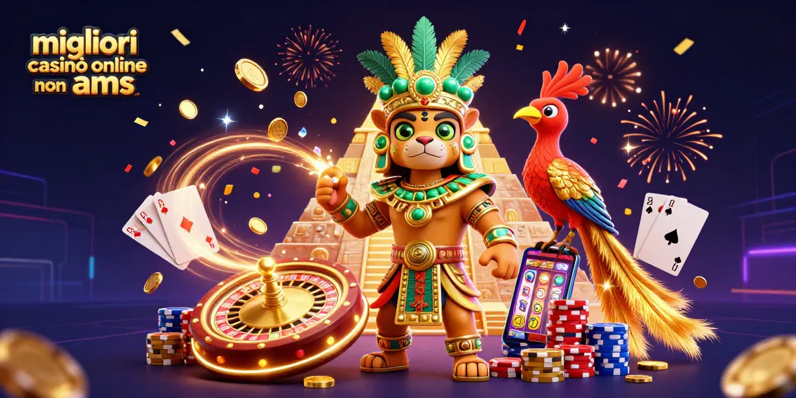 I migliori casinò online non AAMS presentano un'illustrazione vivace di un sacerdote giaguaro Maya con un compagno quetzal, circondati da simboli di gioco e vincite.