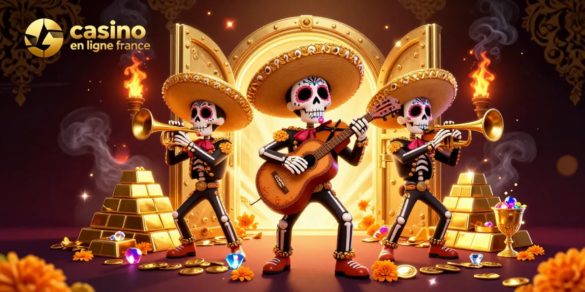 Jouez sur un casino en ligne France avec des motifs de la culture Dia de los Muertos et des trésors scintillants.