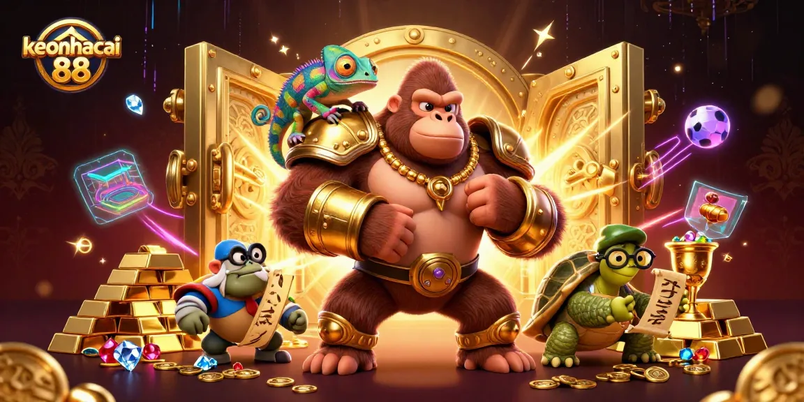Bet on keonhacai 88 with an engaging illustration of a gorilla king, chameleon, and wise tortoise in a dynamic casino scene.
