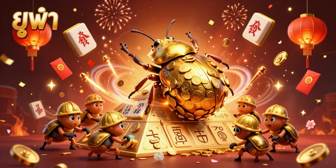 Engage in gaming excitement with ยูฟ่า featuring a vibrant scene of golden beetles celebrating in a casino atmosphere.
