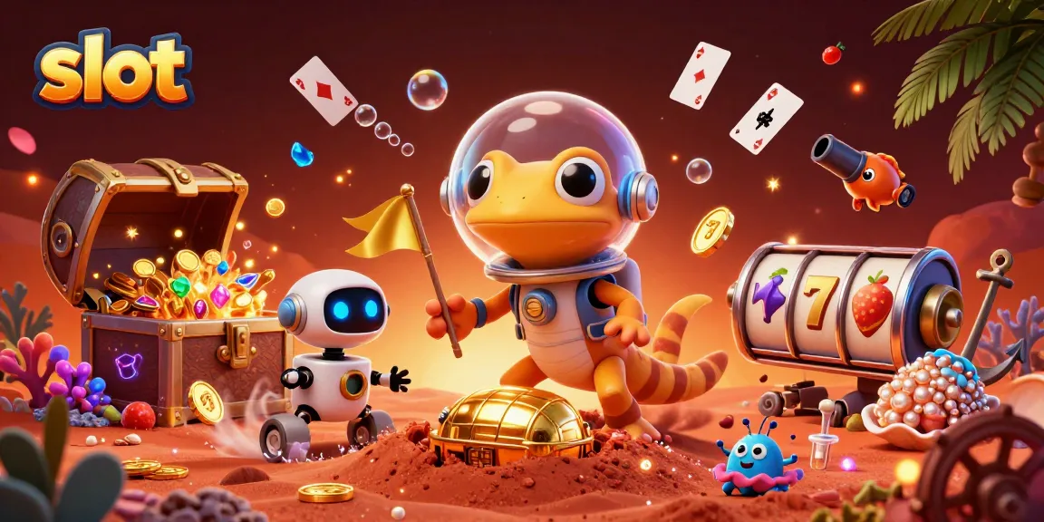 Mainkan slot dengan gecko Martian di kasino emas yang tertimbun, dikelilingi harta karun.