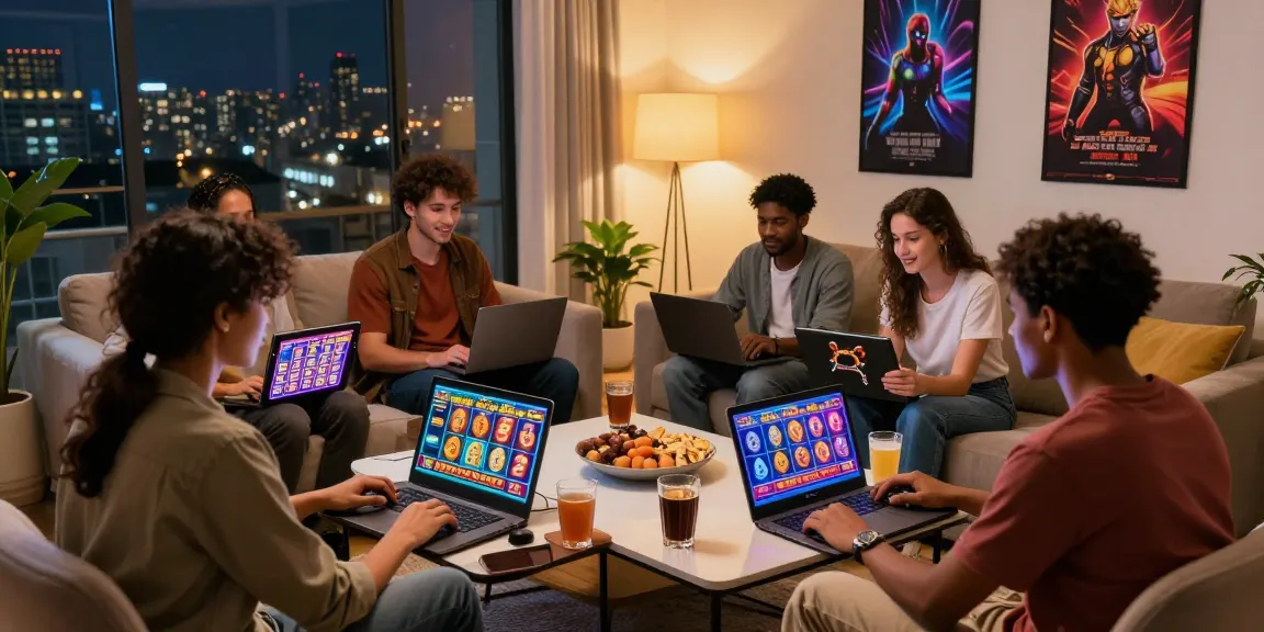 Friends enjoying a situs slot gaming night at home, laptops showing vibrant slot games.