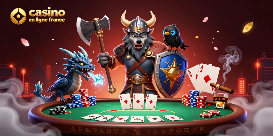 Célébrez le jeu avec cette illustration dynamique de casino en ligne France, mettant en scène un guerrier loup et un dragon.