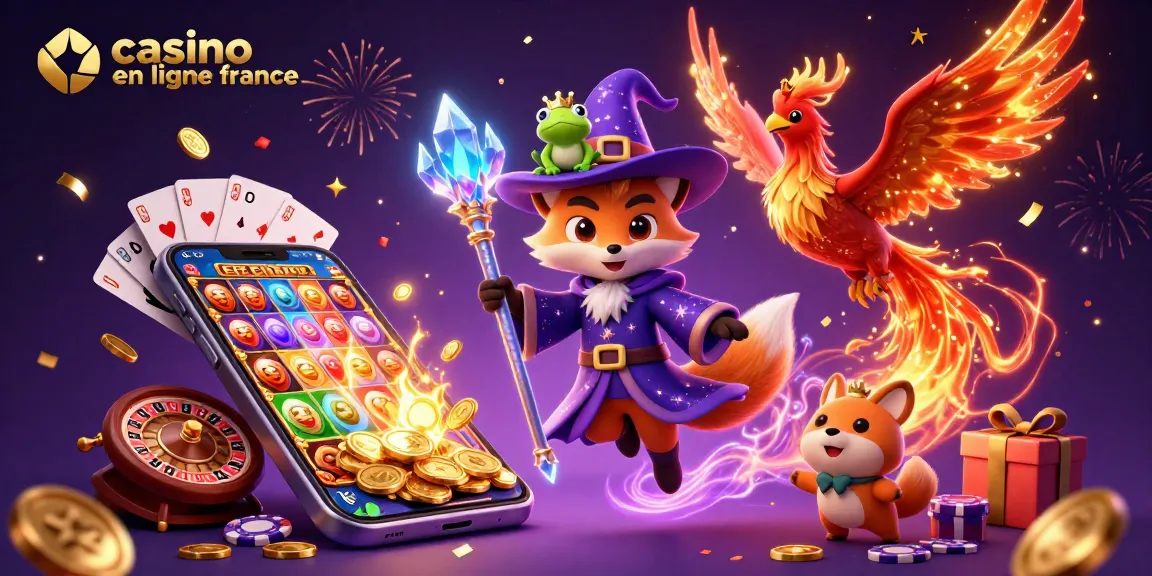 Découvrez le monde du casino en ligne France avec cette illustration magique rassemblant un renard sorcier, un phénix, et un crapaud enchanté.