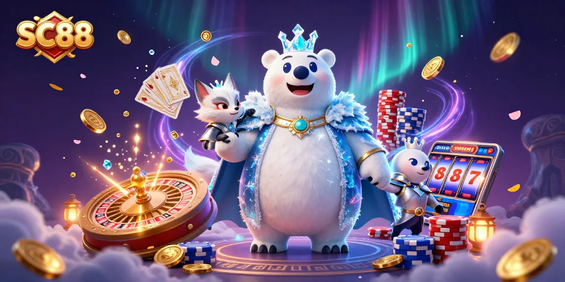 Experience the thrills of SC88 with vibrant casino-themed 3D illustration featuring a regal polar bear and a snow fox.