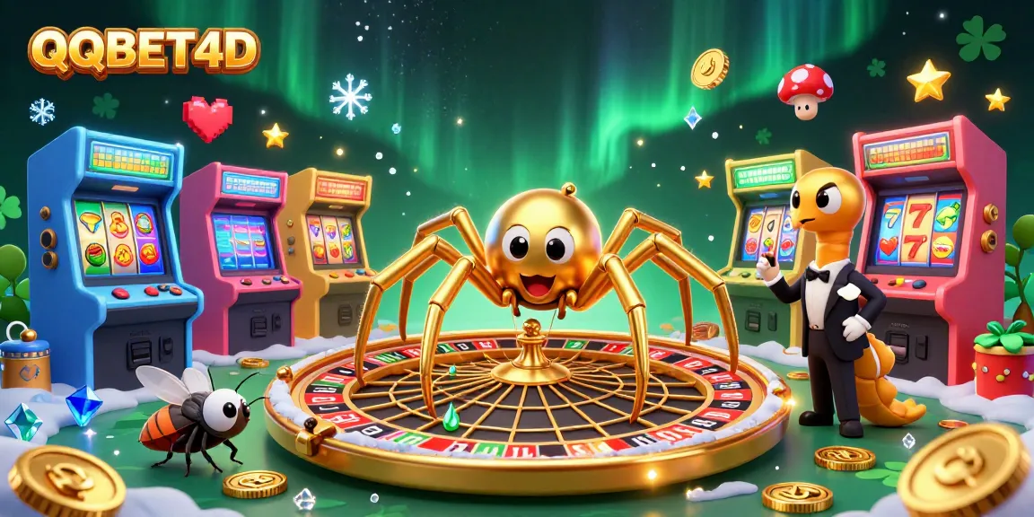QQBET4D menghadirkan ilustrasi slot online dengan laba-laba emas dan dealer centipede.