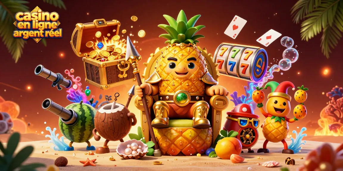 Profitez de l'excitation du casino en ligne argent réel avec un roi ananas et ses gardes sur une scène dynamique et colorée.