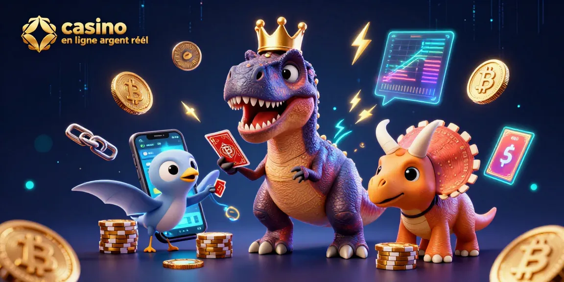 Jouez au casino en ligne argent réel avec un T-Rex mignon et des pièces de crypto, dans une scène audacieuse et vibrante de couleurs.