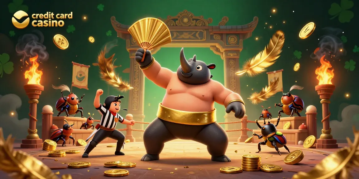 Experience the thrill of a credit card casino with dynamic beetle characters and animated elements.