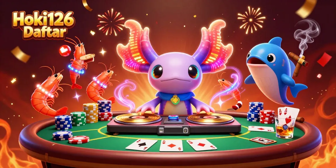 Engage with Hoki126 Daftar through lively casino scenes featuring vibrant 3D characters and poker elements.