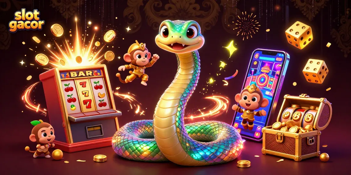 Experience slot gacor action with a colorful illustration of a jackpot scene featuring animated characters and casino elements.
