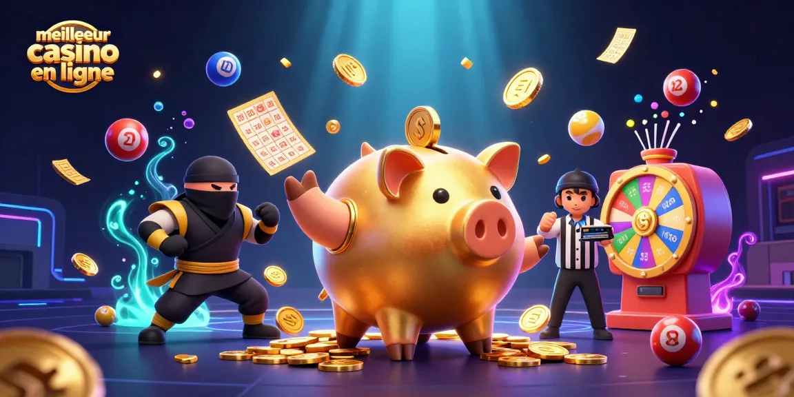 Illustration d'un meilleur casino en ligne avec un sumo et un ninja, dynamique et coloré.