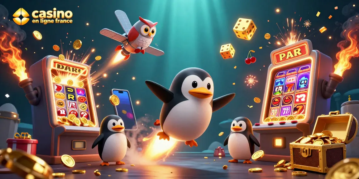 Faites tourner les rouleaux des jeux dans un casino en ligne France avec un pingouin doré futuriste.