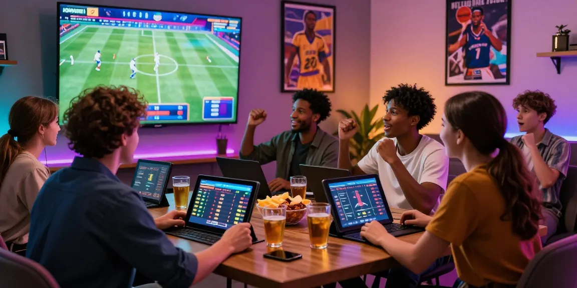 Group of friends enjoying live sports betting for 更多資訊 in a vibrant gaming lounge