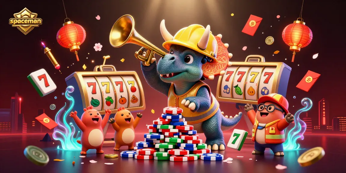 Spin the spaceman slots as triceratops builds poker chip pyramid amid festive lights.