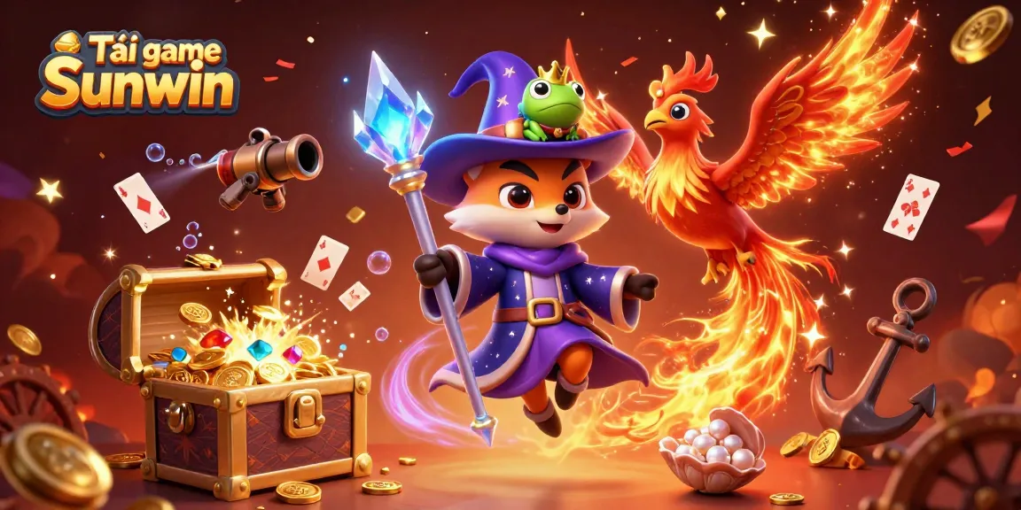 Experience Tải game Sunwin with an enchanting 3D illustration featuring a wizard fox and phoenix, surrounded by vibrant casino elements.