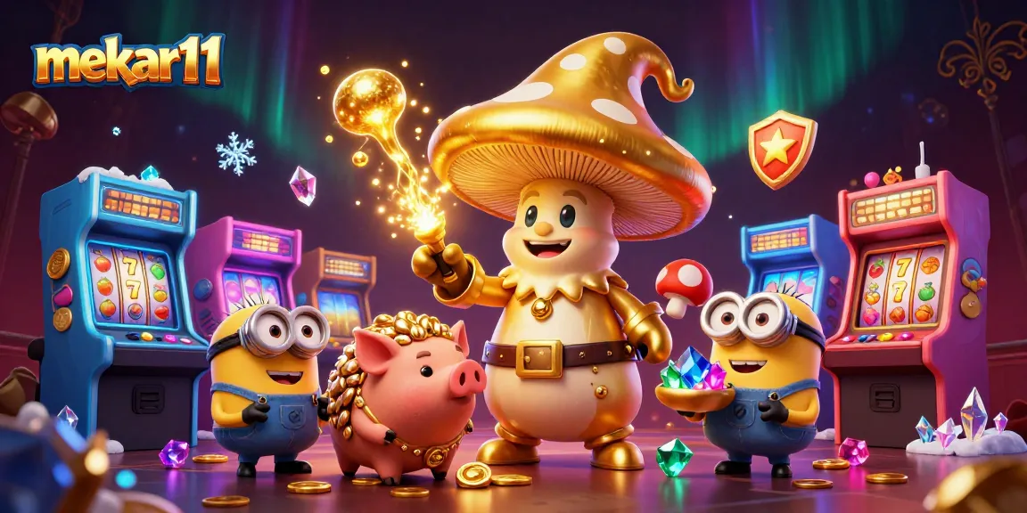 Mekar11 showcases a golden mushroom wizard in a vibrant casino world, channeling riches and magic.