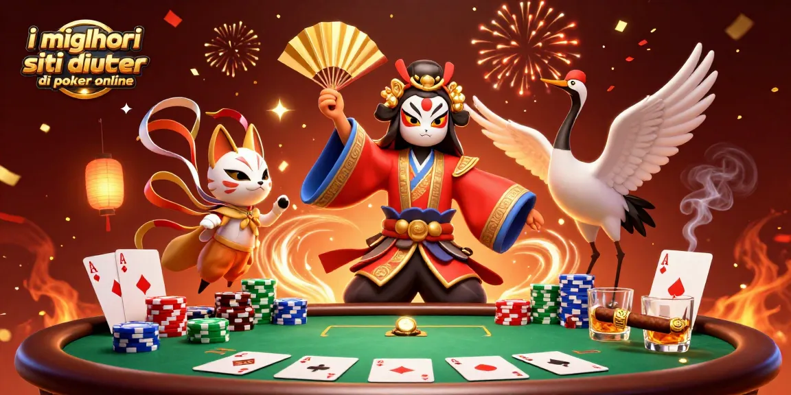 Gioca nei migliori siti di poker online con una scena dinamica di personaggi e tavoli da poker.
