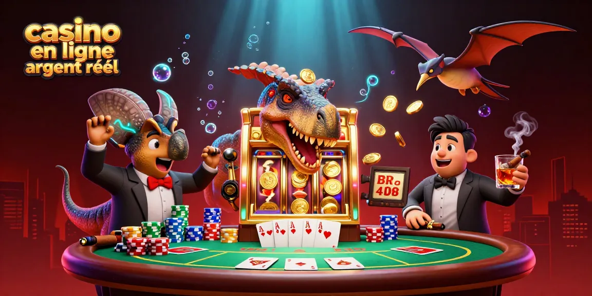 Illustration dynamique représentant un casino en ligne argent réel avec un pachycéphalosaure éperonnant une machine à sous dorée pour un jackpot, tandis qu'un ankylosaure gérant s'affole et qu'un ptéranodon attrape des pièces en vol.