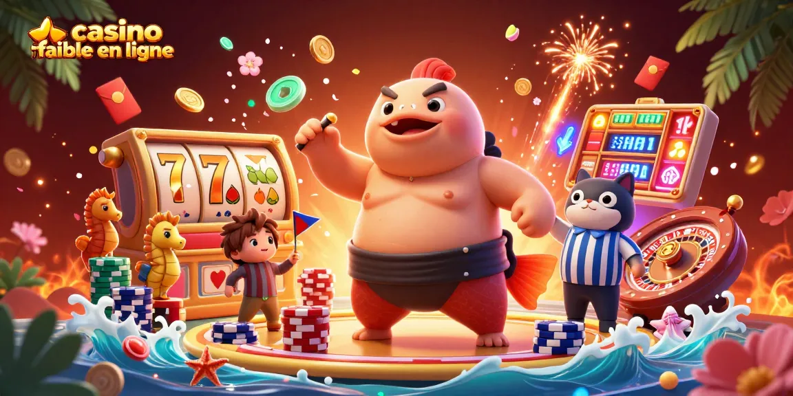 Plongez dans l'univers des jeux avec notre illustration de casino fiable en ligne, mettant en avant un fugu sumo et un arbitre poisson-chat.