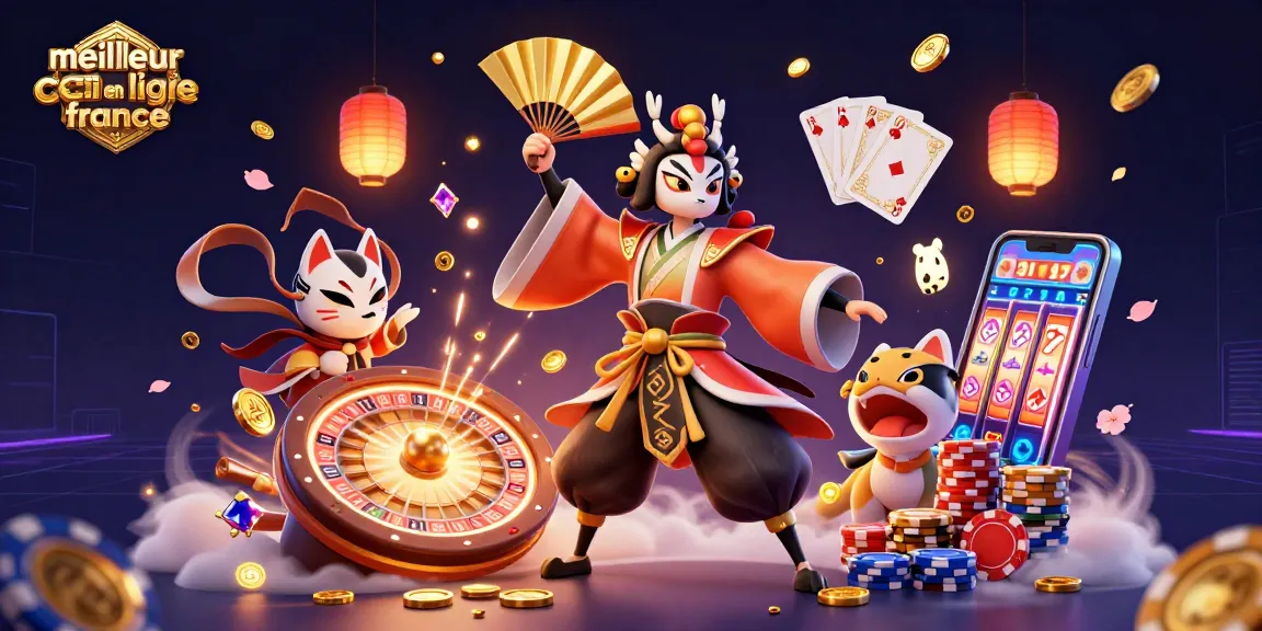 Vivez l'expérience du meilleur casino en ligne France avec un guerrier kabuki dans un décor dynamique de jeux et de lumières.
