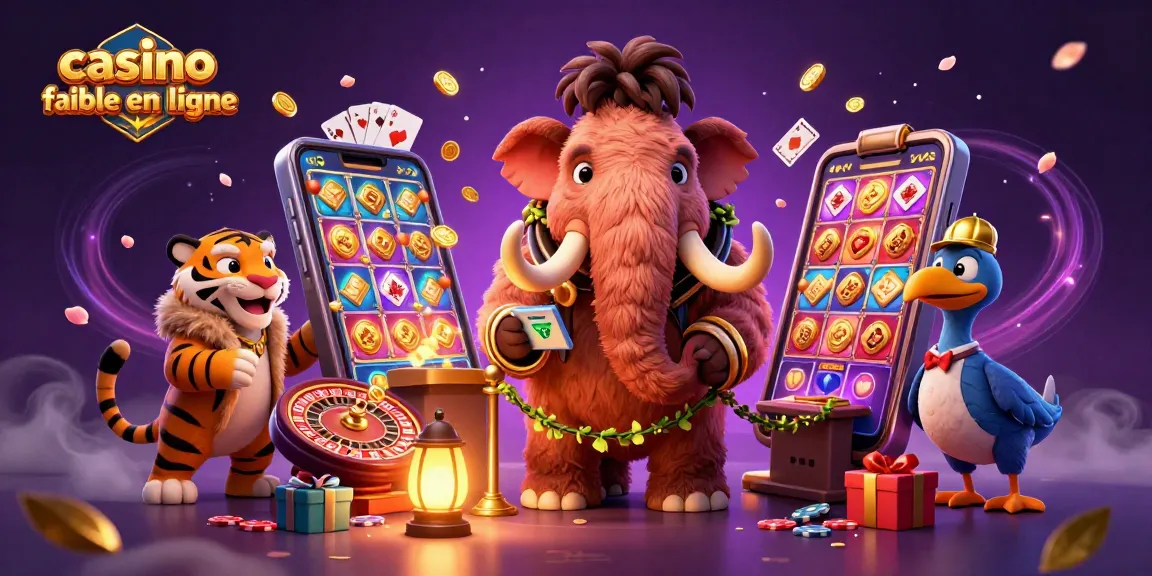 Jouez sur un casino fiable en ligne avec une illustration d'un mammouth bouncer et des éléments de jeu animés.