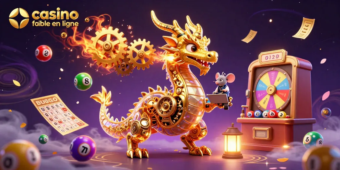Un dragon doré mécanique symbolisant un casino fiable en ligne entouré de billes de loterie et d'une ambiance féérique.