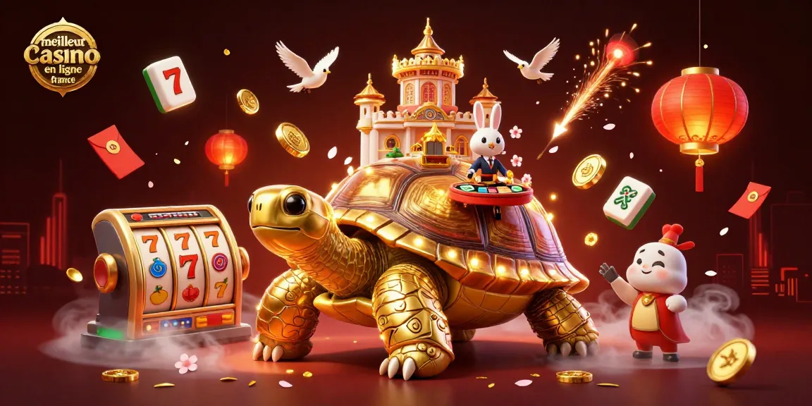 Une scène dynamique illustrant un meilleur casino en ligne France où une tortue dorée, un dealer lièvre et des pièces volantes s'animent.