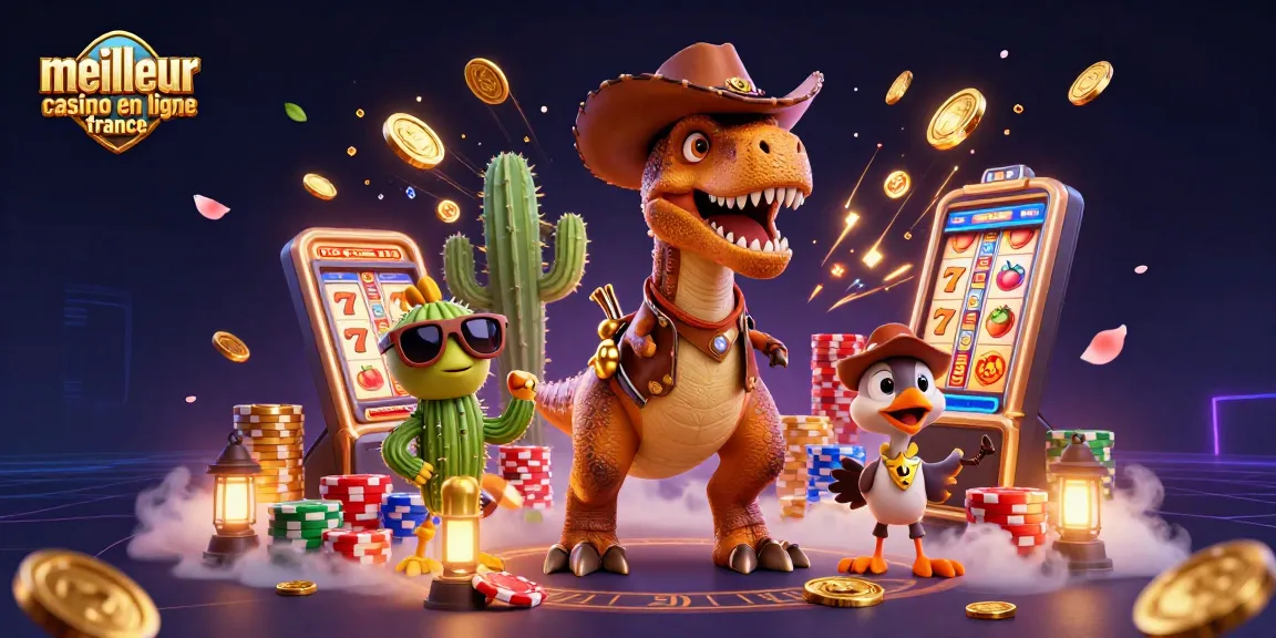 Action intense au meilleur casino en ligne France avec un T-Rex gagnant entouré de jetons et de pièces d'or