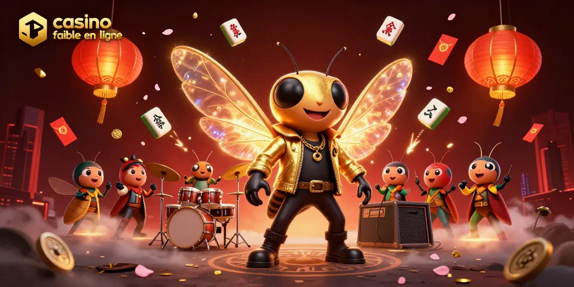 Une illustration dynamique d'un cicada rock star et sa troupe, promouvant un casino fiable en ligne.