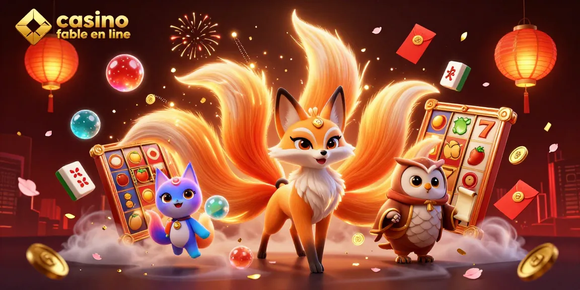 Visuel captivant de casino fiable en ligne avec un renard à neuf queues et des accessoires de jeu colorés.
